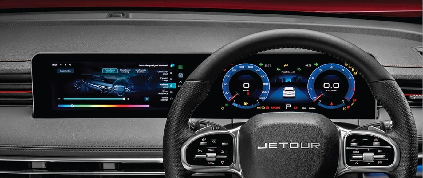 A close up of the high-tech interior of the Jetour Dashing featuring the large 10.25 inch touchscreen display
